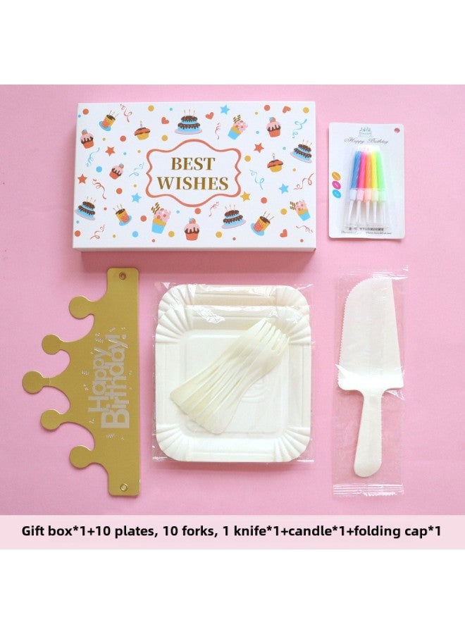 Birthday Dinner Plate Cake Tableware Food Grade Plastic Dinner Plate Disposable Paper Plate Candle Wet Wipes Four-in-one-Color:Classic Paper Plate With White Fork For Ten People - Image 1