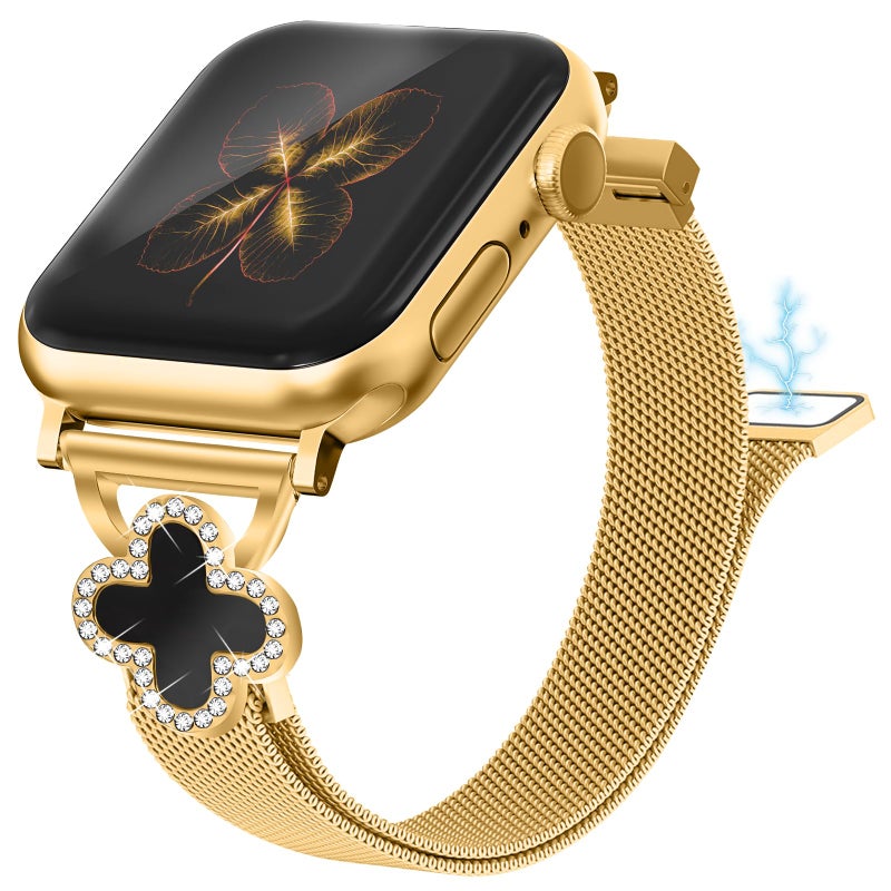 Joyozy Slim Metal Band Compatible with Apple Watch Band 38mm 40mm 41mm 42mm 44mm 45mm 46mm 49mm Skinny Magnetic Strap with Bling Charms, Cute Stainless Steel Band, Dressy Thin iWatch Bracelet for Women (Gold) - Image 1