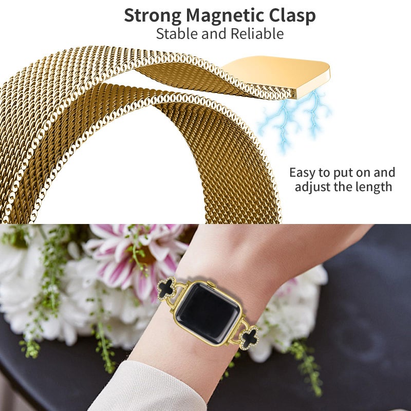 Joyozy Slim Metal Band Compatible with Apple Watch Band 38mm 40mm 41mm 42mm 44mm 45mm 46mm 49mm Skinny Magnetic Strap with Bling Charms, Cute Stainless Steel Band, Dressy Thin iWatch Bracelet for Women (Gold) - Image 4