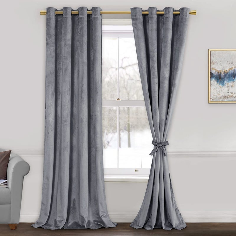 JIUZHEN Grey Velvet Curtains for Living Room 108 inches Long Thermal Insualted Room Darkening Window Drapes for Bedroom Set of 2 Panels with Tiebacks 52 x 108 inches