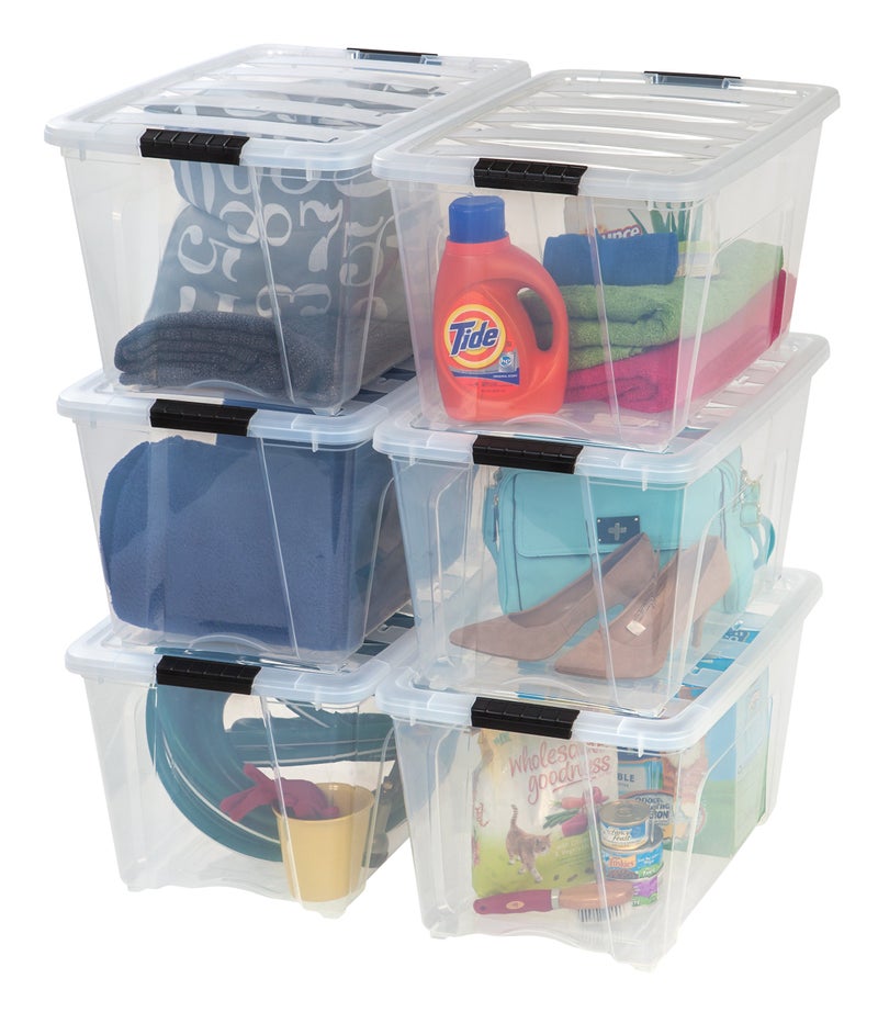 IRIS USA 54 Qt Stackable Plastic Storage Bins with Lids 6 Pack  BPAFree Made in USA  SeeThrough Organizing Solution Latches Durable Nestable Containers Secure Pull Handle  Clear