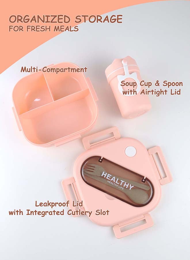 توشيونيكس مجموعة صندوق غداء بينتو بلاستيكي محمول بسعة 1300 لتر مع كوب حساء سعة 330 مل وشوكة وفتحة أدوات مائدة مدمجة على الغطاء، حاوية طعام بثلاثة أقسام - آمنة للاستخدام في الفريزر وغسالة الأطباق والميكروويف، صندوق طعام مانع للتسرب ومحكم الإغلاق مع ثلاثة أقسام، خالٍ من مادة BPA، خفيف الوزن، متين وقابل لإعادة التدوير للبالغين والأطفال - مثالي للاستخدام في المنزل والمكتب والسفر ومراكز الرعاية النهارية ومرحلة ما قبل المدرسة وصندوق غداء العودة إلى المدرسة - 17 × 17 × 6 سم - Image 2