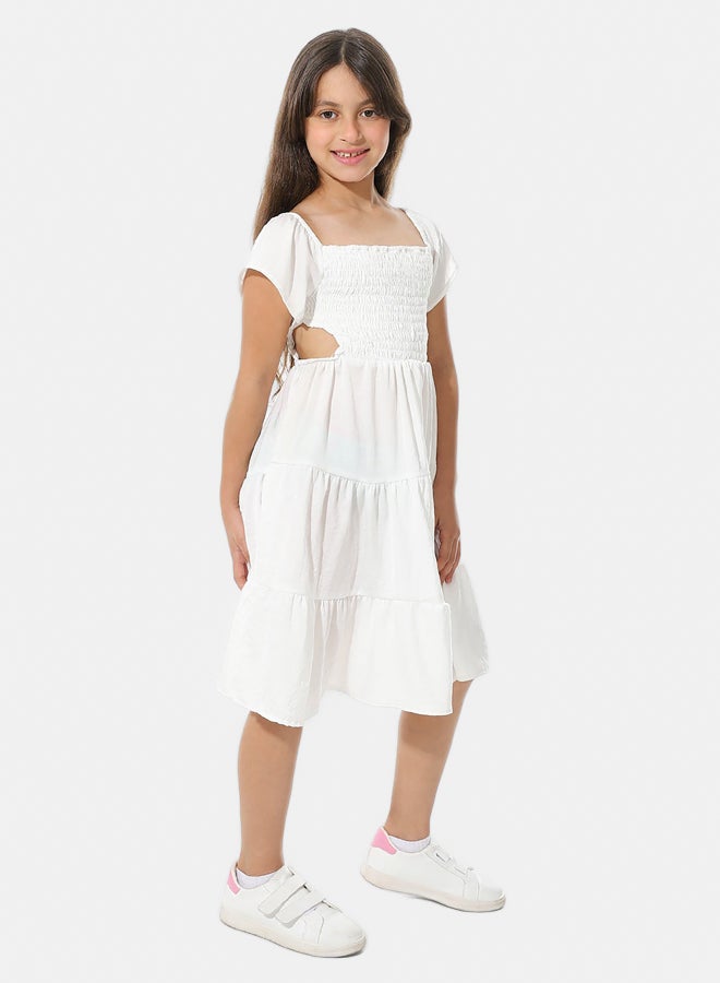 Elastic Chest Cotton Girls Dress_White