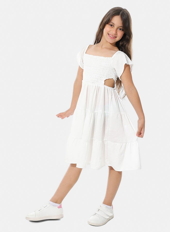 Elastic Chest Cotton Girls Dress_White