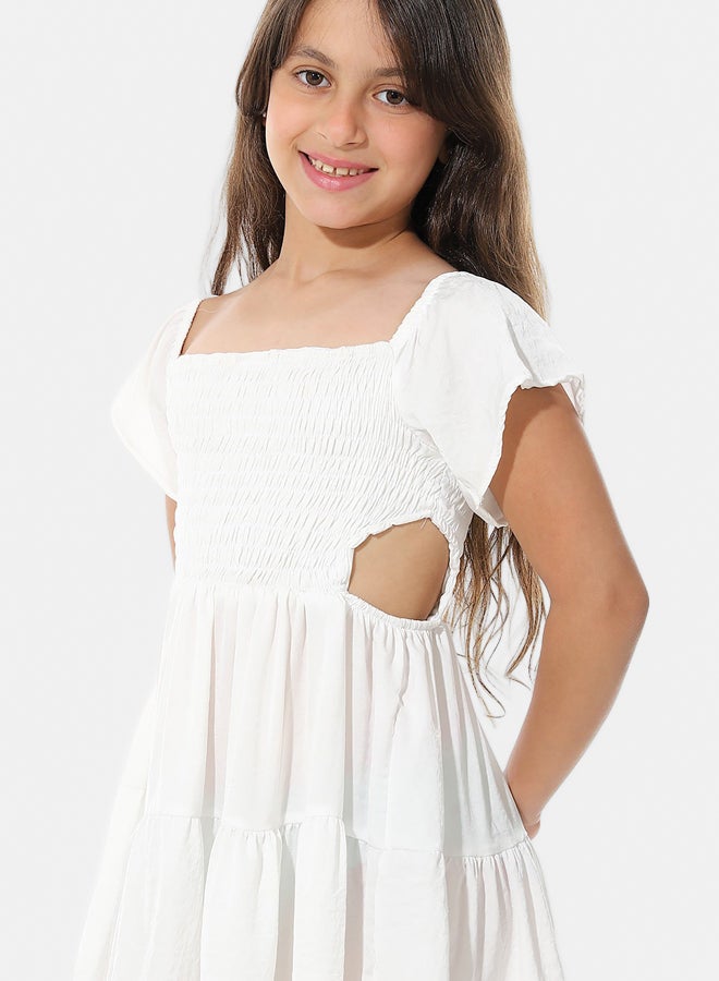 Elastic Chest Cotton Girls Dress_White
