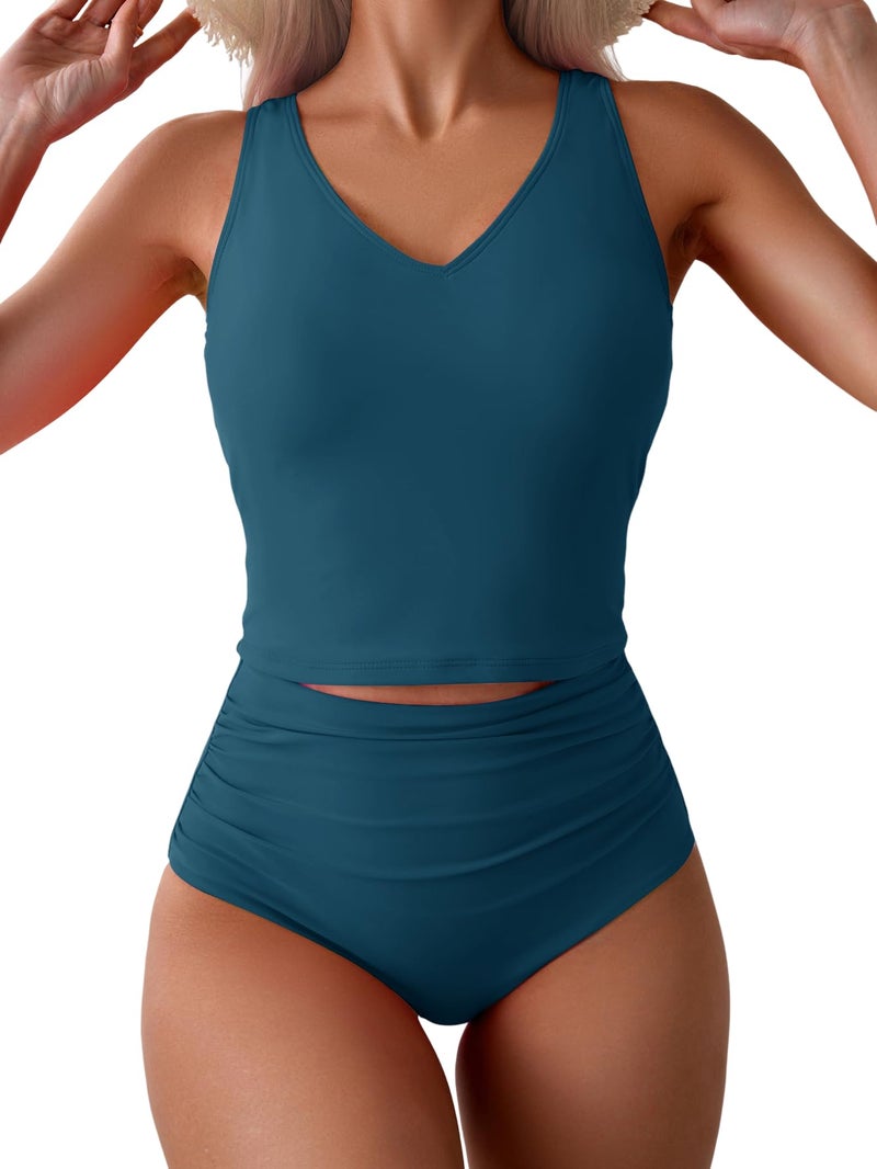 Eomenie Two Piece Tankini Swimsuit for Women Tummy Control Bathing Suits Cutout Back Swim Tank Top with High Waisted Bottom Dark Green - Image 1