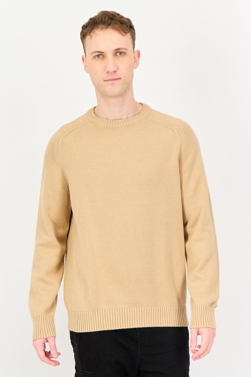 Celio Men Crew Neck Long Sleeve Knitted Sweater, Tan - Image 1