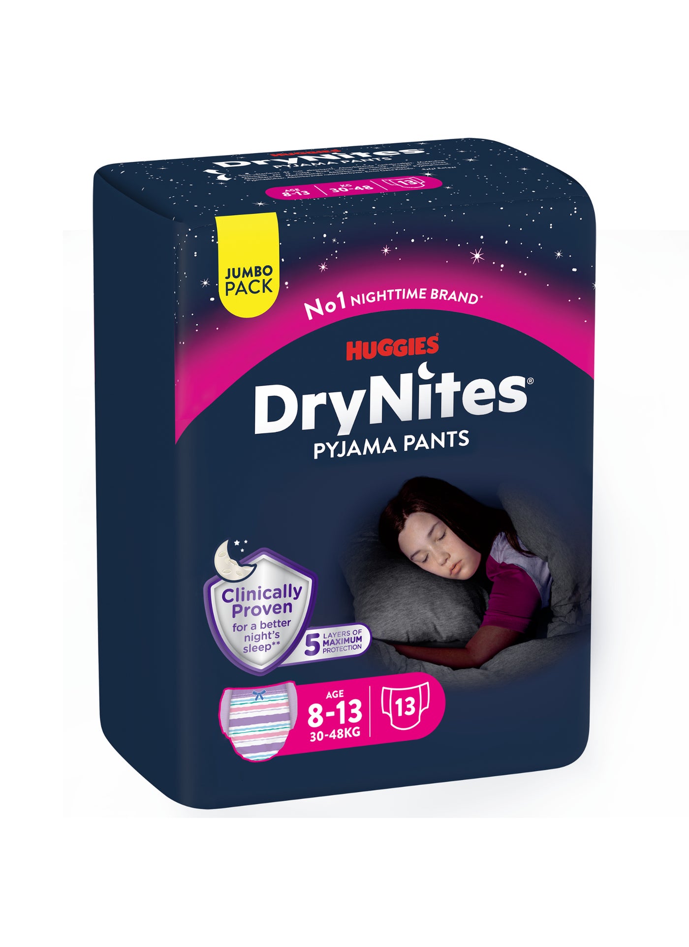HUGGIES DryNites Bed Wetting Pants, 8-13 years, Girls, 30-48kg, Value Pack, 13 Pants