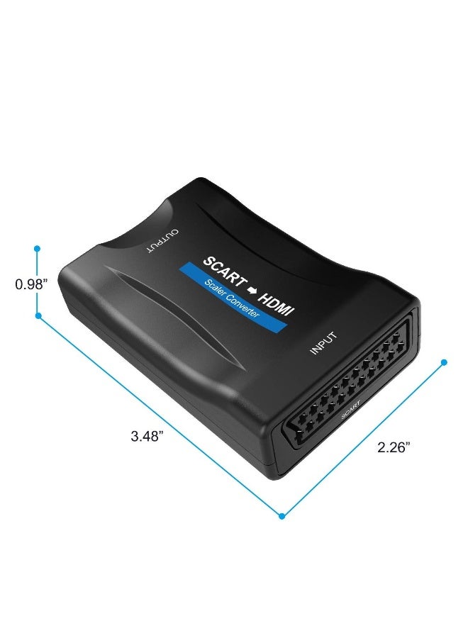 محول SCART إلى HDMI يحول إدخال SCART التناظري إلى إخراج HDMI بدقة 720P أو 1080P بتردد 60Hz. محول إدخال SCART وإخراج HDMI لتلفزيون عالي الدقة، أجهزة فك التشفير، VHS، Xbox، PS3، مشغل DVD، وأجهزة العرض.