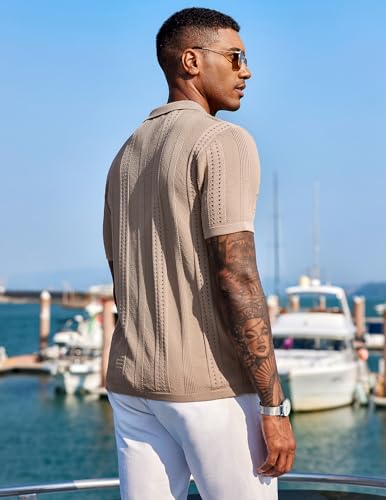 COOFANDY Men's Knit Shirts Short Sleeve Button Down Polo Shirt Fashion Casual Summer Beach Shirts, Khaki, Large - Image 3