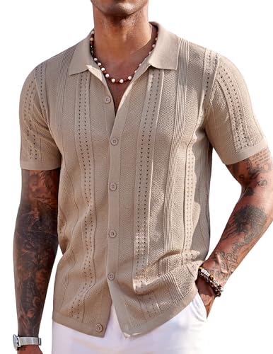 COOFANDY Men's Knit Shirts Short Sleeve Button Down Polo Shirt Fashion Casual Summer Beach Shirts, Khaki, Large - Image 1