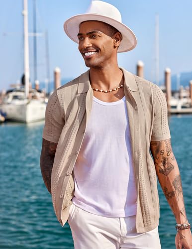 COOFANDY Men's Knit Shirts Short Sleeve Button Down Polo Shirt Fashion Casual Summer Beach Shirts, Khaki, Large - Image 4