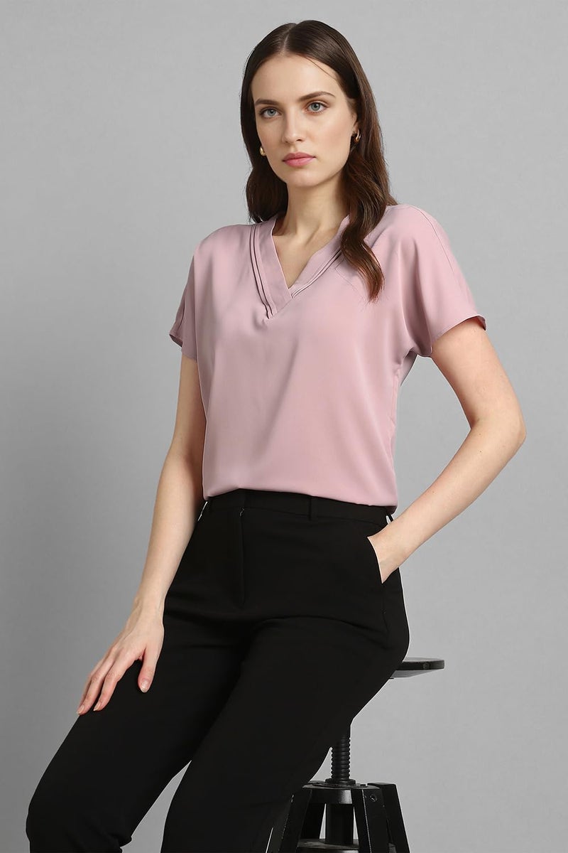 Van Heusen Women Polyester Regular Fit T-Shirt (VWTSURGFP81567_Pink, 2XL - Image 2