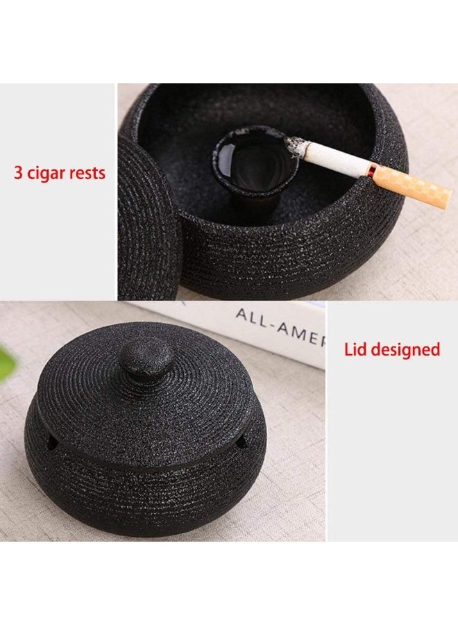 Ceramic Ashtray with Lid, Windproof, for Indoor and Outdoor Use, Desktop Ash Tray for Home Office Decoration (Black) - Image 4