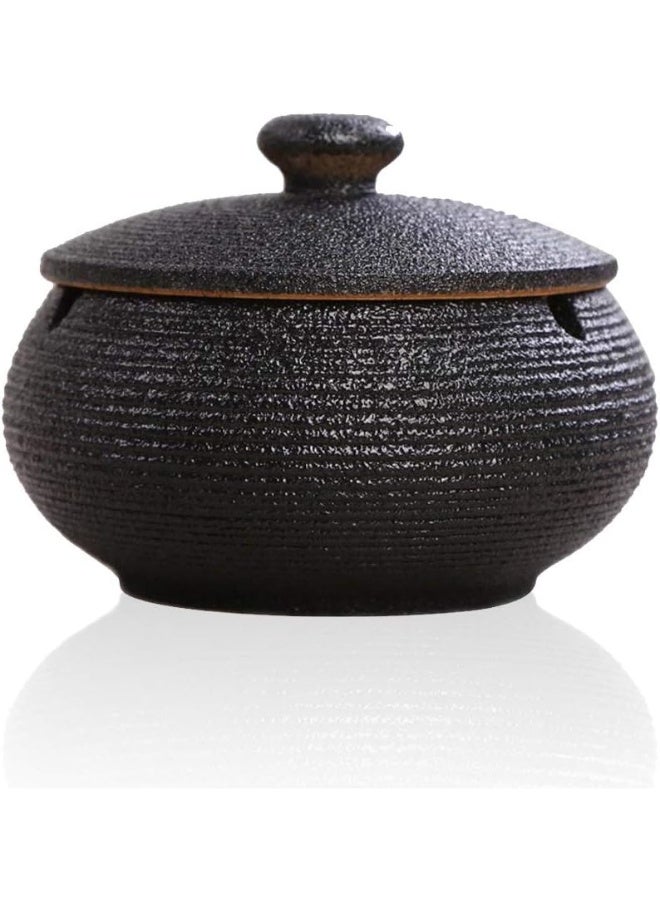 Ceramic Ashtray with Lid, Windproof, for Indoor and Outdoor Use, Desktop Ash Tray for Home Office Decoration (Black) - Image 1