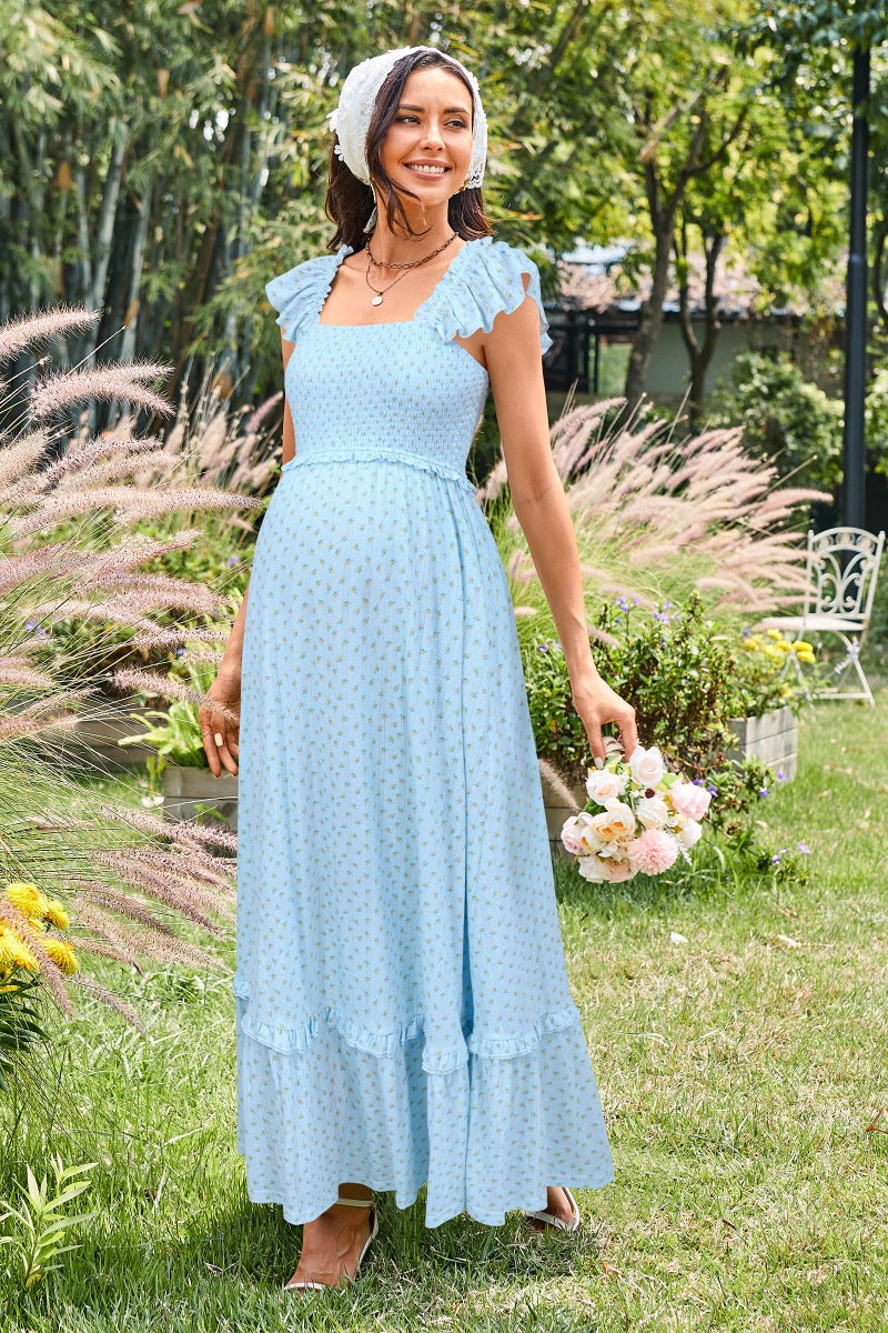 OUGES Womens 2026 Summer Maternity Maxi Dresses for Photoshoot Ruffle Sleeve Square Neck Wedding Guest Baby Shower Long Dress Flowy Pregnancy Must Have Maternity Clothes(Light Blue Yellow Floral,M) - Image 2