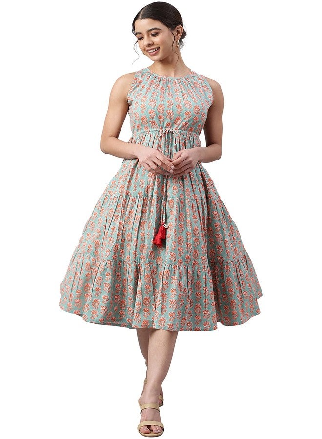 Janasya Women's Mint Green Cotton Floral Block Print Tiered Western Dress(JNE3961-DR-XS) - Image 2