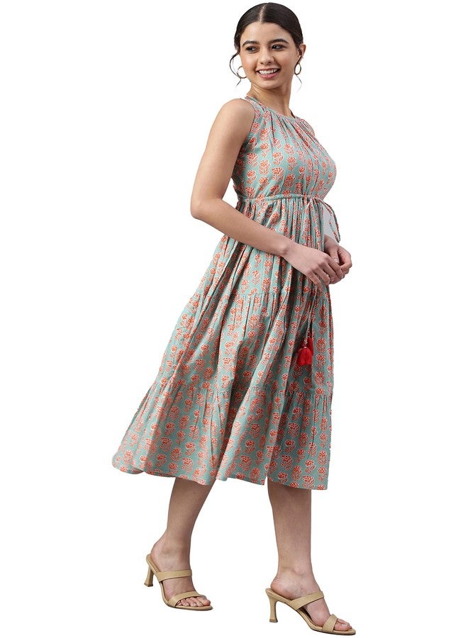 Janasya Women's Mint Green Cotton Floral Block Print Tiered Western Dress(JNE3961-DR-XS) - Image 4