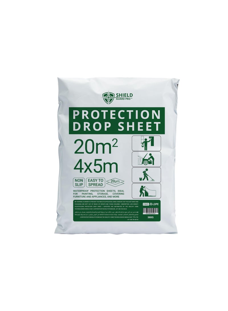 Shield Guard Pro Protection Drop Sheet, Waterproof Plastic Cover, White, 4x5m (20µm), 20m², Non-Slip for Painting, Storage, Furniture - Image 1