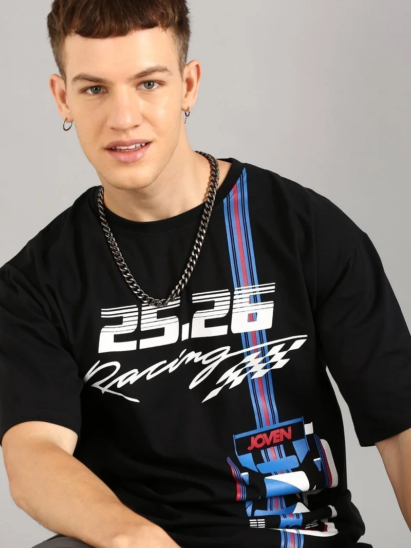 Joven Men Black Printed Pure Cotton Oversized T-Shirt
