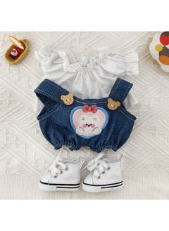 Cute Expression Bear Strap Pants 20cm Suit 20cm Doll Cotton Doll Body Chubby Body Dress-Specifications:20cm-Color:White Shirt + Confession Bear Overalls + White Canvas Shoes