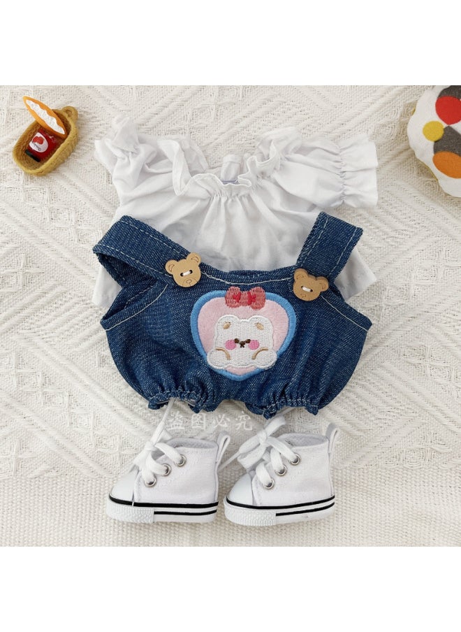 Generic - Cute Expression Bear Strap Pants 20cm Suit 20cm Doll Cotton Doll Body Chubby Body Dress-Specifications:20cm-Color:White Shirt + Confession Bear Overalls + White Canvas Shoes - Image 1