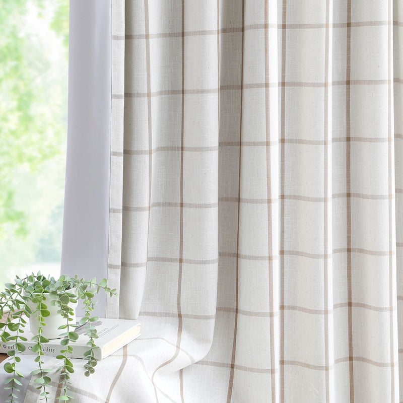 Vision Home Flax Linen Plaid Pinch Pleated Full Blackout Curtains Checkered Thermal Insulated Window Panels 90 inch for Bedroom Living Room Darkening Rustic Pinch Pleat Drapes with Hooks 40" Wx90 Lx2 - Image 2