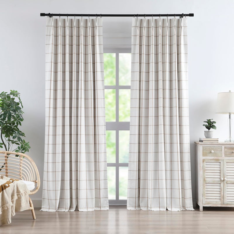 Vision Home Flax Linen Plaid Pinch Pleated Full Blackout Curtains Checkered Thermal Insulated Window Panels 90 inch for Bedroom Living Room Darkening Rustic Pinch Pleat Drapes with Hooks 40" Wx90 Lx2 - Image 1