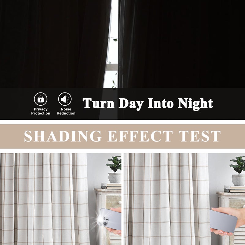 Vision Home Flax Linen Plaid Pinch Pleated Full Blackout Curtains Checkered Thermal Insulated Window Panels 90 inch for Bedroom Living Room Darkening Rustic Pinch Pleat Drapes with Hooks 40" Wx90 Lx2 - Image 4