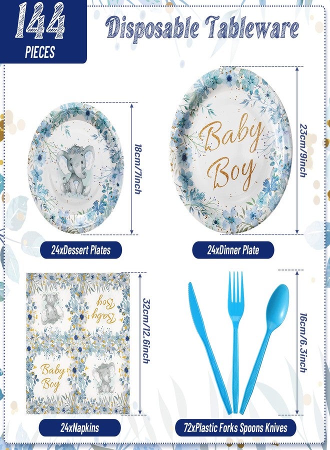 Fumete 144 Pcs Elephant Theme Baby Shower Decorations Party Tableware Set for 24 Guests, Include Paper Baby Shower Plates Napkins Cutlery Plastic Forks Spoons Knives(Boy) - Image 2