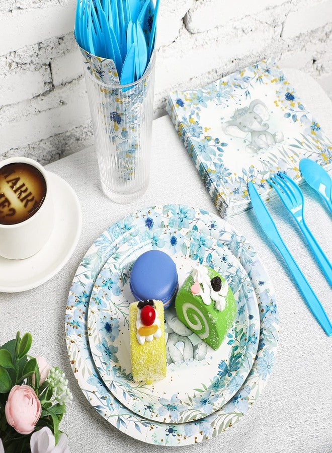 Fumete 144 Pcs Elephant Theme Baby Shower Decorations Party Tableware Set for 24 Guests, Include Paper Baby Shower Plates Napkins Cutlery Plastic Forks Spoons Knives(Boy) - Image 4