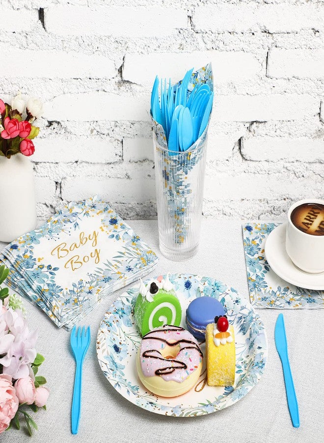 Fumete 144 Pcs Elephant Theme Baby Shower Decorations Party Tableware Set for 24 Guests, Include Paper Baby Shower Plates Napkins Cutlery Plastic Forks Spoons Knives(Boy) - Image 5