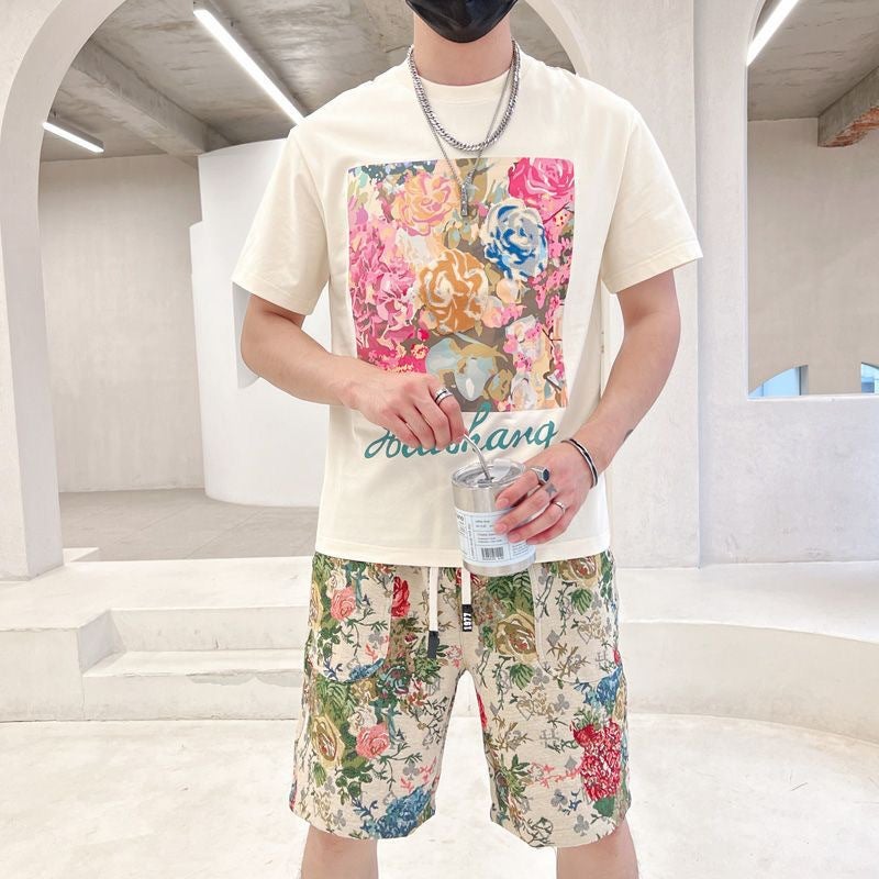 Summer Mens Fashion Print Tee Shorts Set G21 white suit [t-shirt + shorts] 