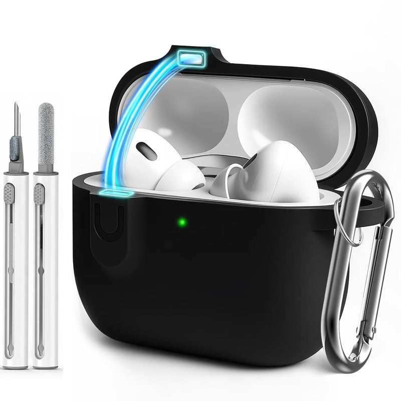 MOLOVA Compatible with AirPod Pro 3 Case Cover with Cleaner Kit, Soft Silicone Cover for AirPods Pro 3rd Generation Comes with Magnetic Lid Lock & Keychain-Solid for Women/Menï¼ˆBlackï¼‰ - Image 1