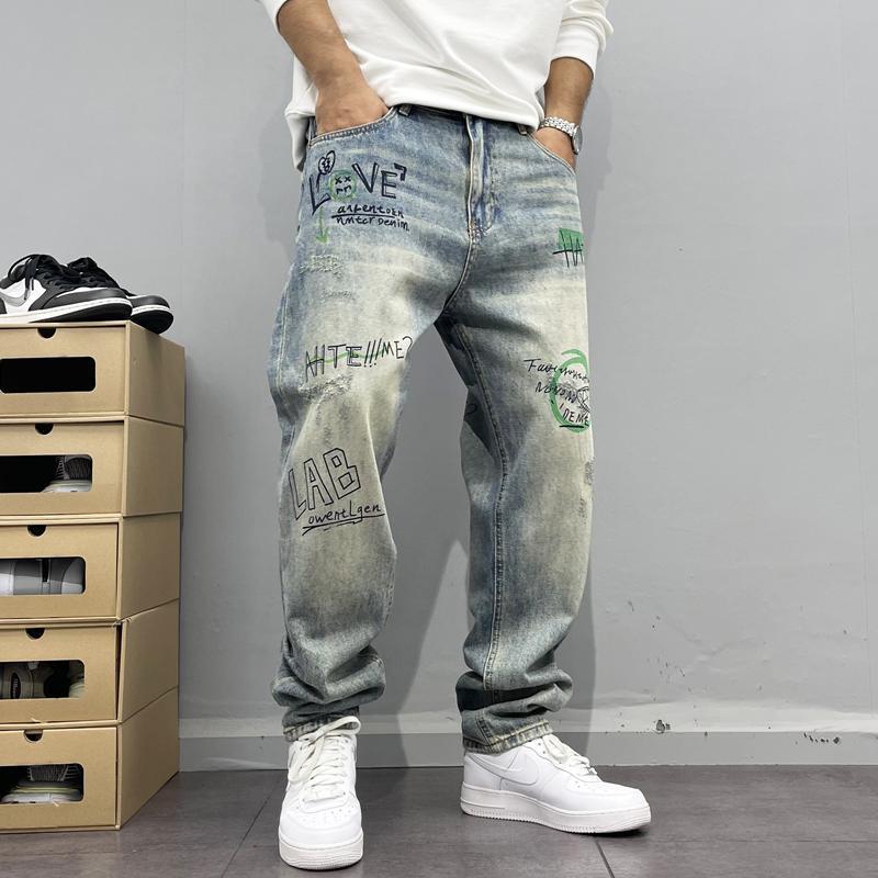 [893 Collection] American Retro Street Personality Printed Straight Jeans Mens Loose Washed High S8802 blue jeans