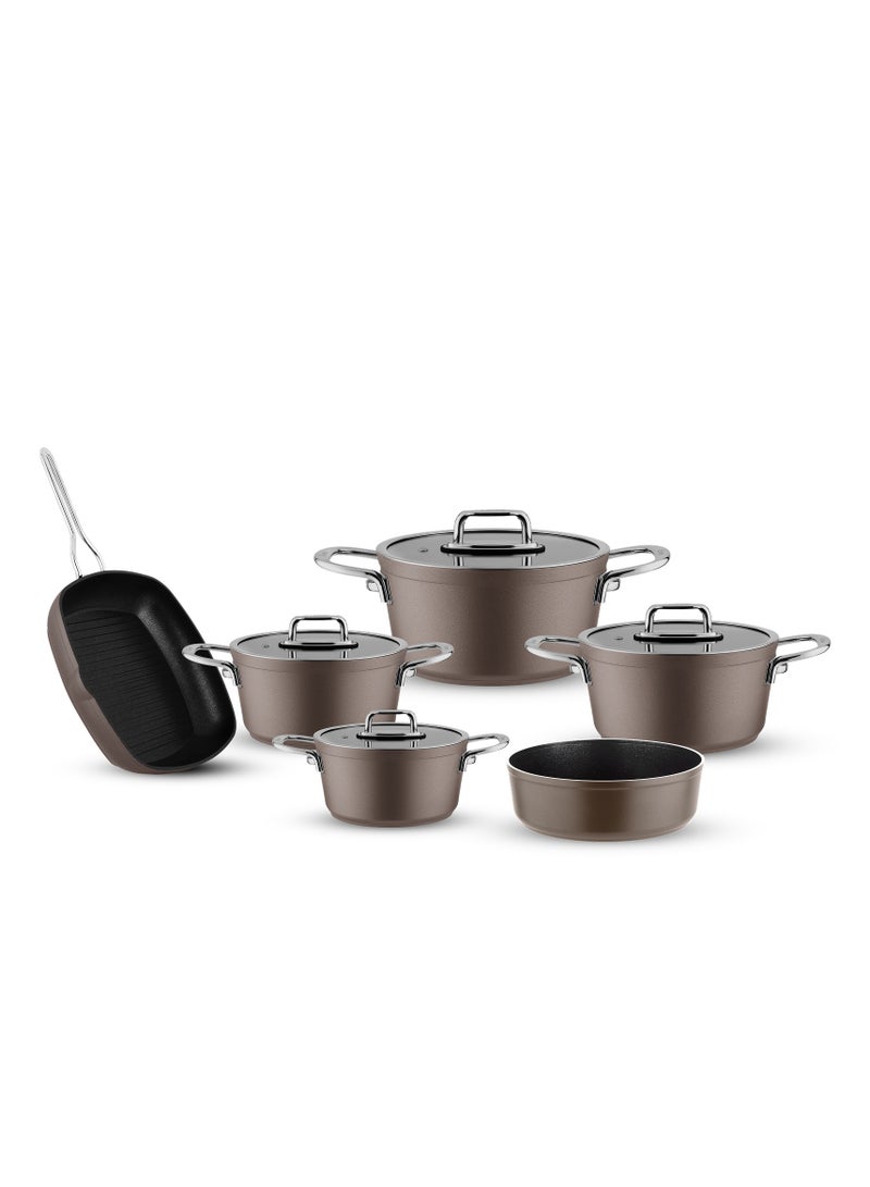 lines Turkish Tefal Granite Cookware Set by Lines – 10-Piece Set – Pyrex Lid – Suitable for all stovetops – Made in Turkey. Turkish Granite Cookware Set by Lines – 10-Piece Set – Sizes 18/20/24/28 cm + 28 cm Grill Pan + 28 cm Oven Tray + Pyrex Lid – 6 Colors (Schafer Coffee) - Image 1