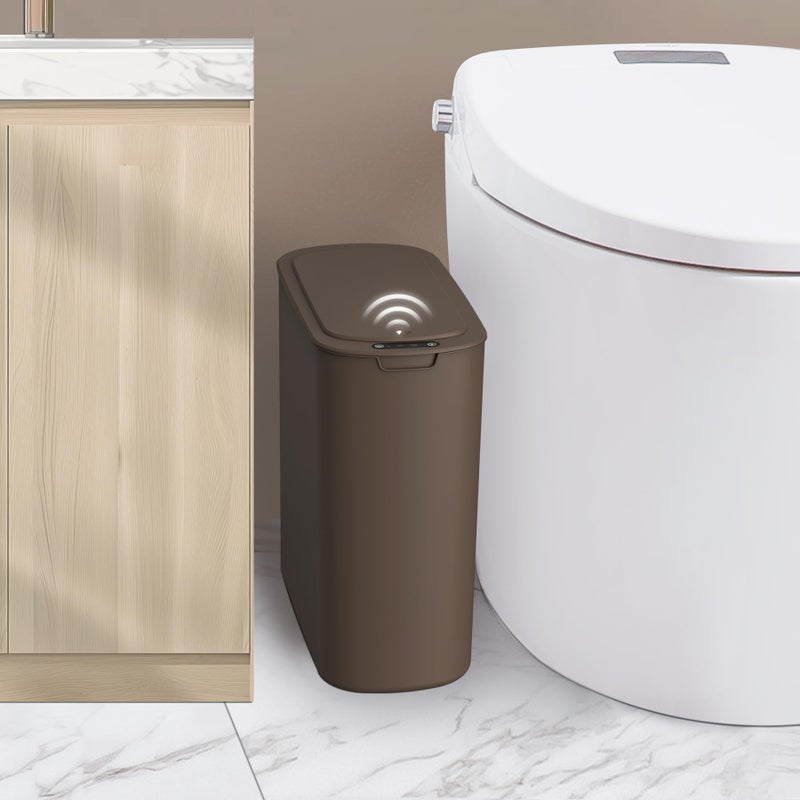 Cesun Automatic Motion Sensor Bathroom Trash Can with Lid, 2.6 Gallon Touchless Trash Bin, Smart Plastic Slim Garbage Can Small Brown Wastebasket for Toilet, Office, rv, Bedroom, Living Room - Image 1
