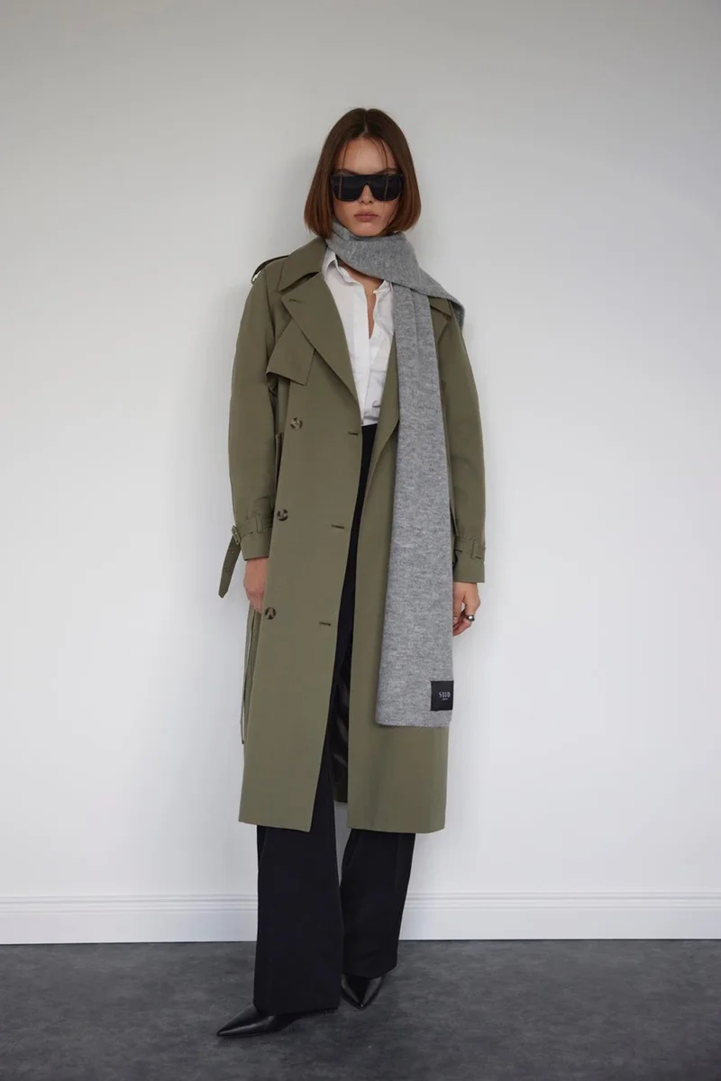 سود كوليكشن Saud Collection Khaki Classic Belted Trench Coat