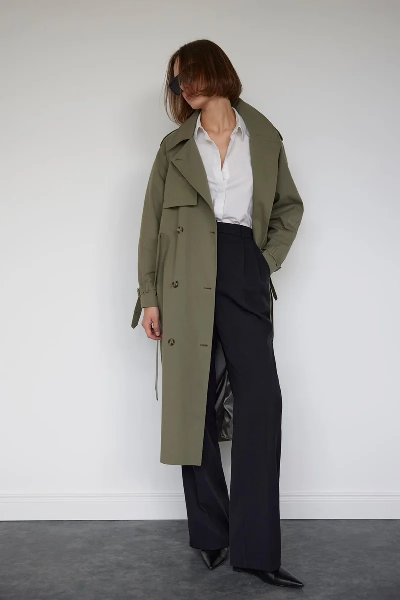 سود كوليكشن Saud Collection Khaki Classic Belted Trench Coat