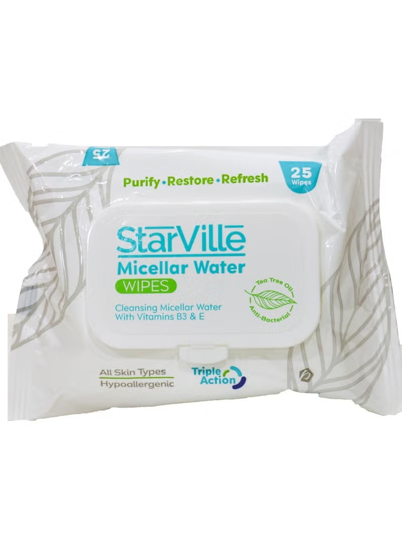 StarVille Micellar Water Wipes  Cleansing Micellar Water With Vitamins B3 & E  Wipes 25