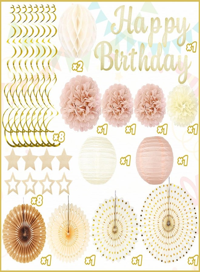 ZERODECO Champagne-Gold Fall Boho Birthday Party-Decorations - 29pcs Beige Cream Autumn Retro Party Decorations for Women Girls, Happy Birthday Banner Paper Streamers Lanterns Tissue Pom Poms - ZERODECO - Image 2