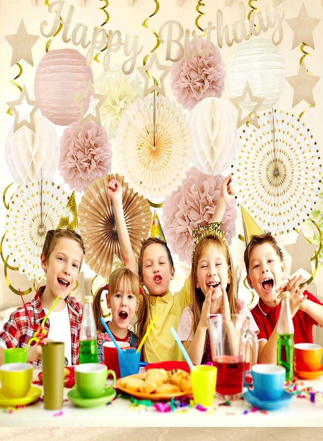 ZERODECO Champagne-Gold Fall Boho Birthday Party-Decorations - 29pcs Beige Cream Autumn Retro Party Decorations for Women Girls, Happy Birthday Banner Paper Streamers Lanterns Tissue Pom Poms - ZERODECO - Image 5
