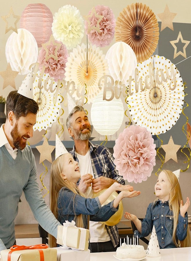 ZERODECO Champagne-Gold Fall Boho Birthday Party-Decorations - 29pcs Beige Cream Autumn Retro Party Decorations for Women Girls, Happy Birthday Banner Paper Streamers Lanterns Tissue Pom Poms - ZERODECO - Image 4