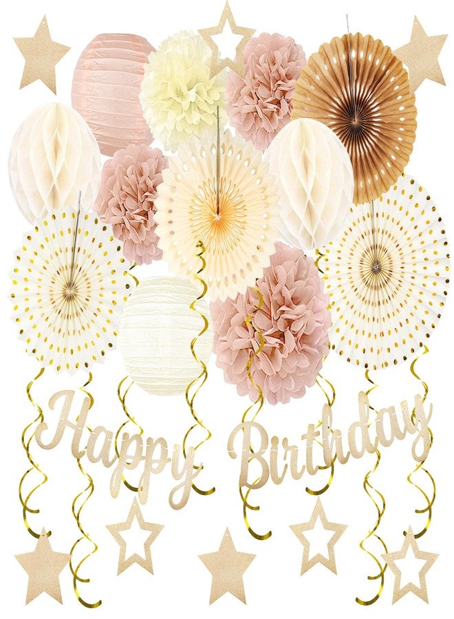 ZERODECO Champagne-Gold Fall Boho Birthday Party-Decorations - 29pcs Beige Cream Autumn Retro Party Decorations for Women Girls, Happy Birthday Banner Paper Streamers Lanterns Tissue Pom Poms - ZERODECO - Image 1