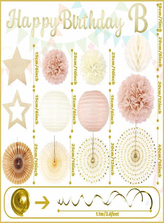 ZERODECO Champagne-Gold Fall Boho Birthday Party-Decorations - 29pcs Beige Cream Autumn Retro Party Decorations for Women Girls, Happy Birthday Banner Paper Streamers Lanterns Tissue Pom Poms - ZERODECO - Image 3