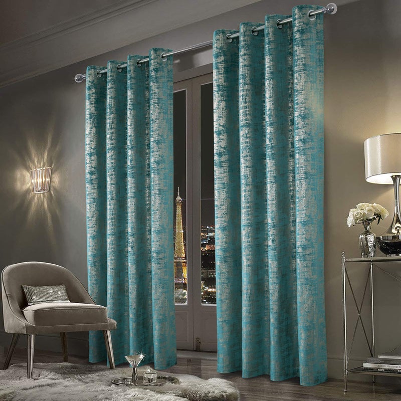always4u Soft Velvet Curtains 84 Inch Length Luxury Bedroom Curtains Gold Foil Print Window Treatments for Living Room Set of 2 Teal