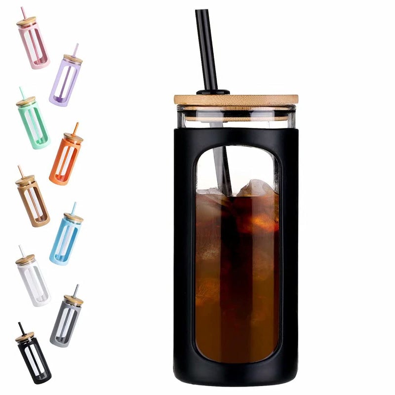 Kodrine 20oz Glass Water Tumbler with Straw and Lid, Bamboo Lids Water Bottle, Iced Coffee Cup Reusable, Wide Mouth Smoothie Cups with Protective Silicone Sleeve BPA FREE-Black - Image 1
