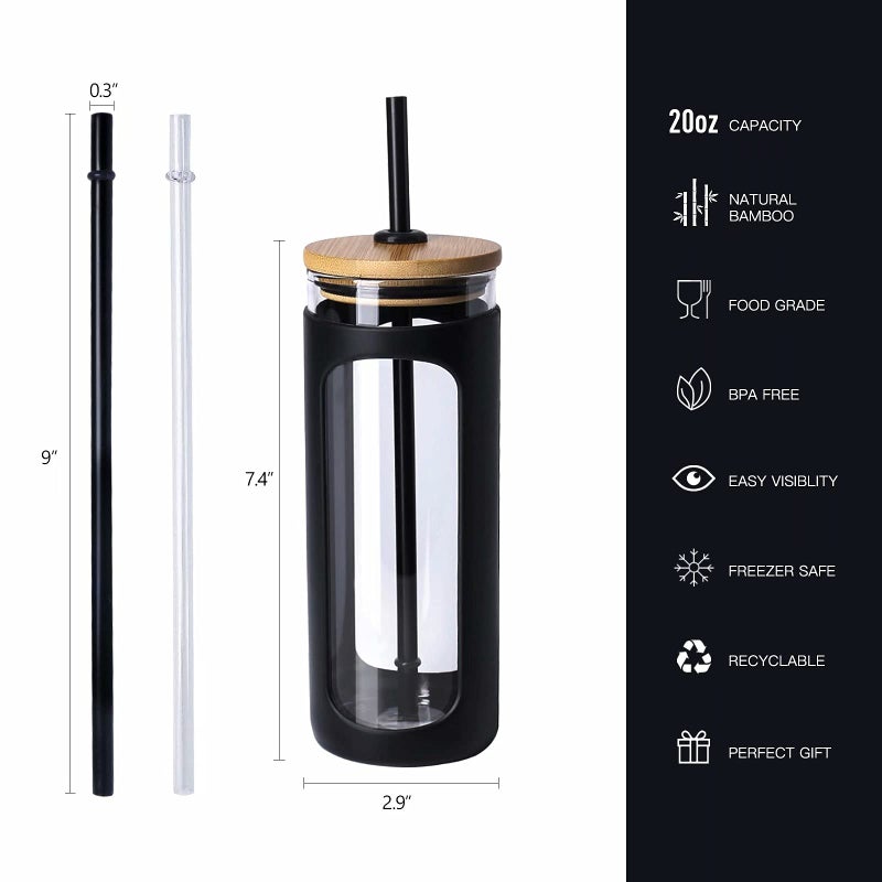 Kodrine 20oz Glass Water Tumbler with Straw and Lid, Bamboo Lids Water Bottle, Iced Coffee Cup Reusable, Wide Mouth Smoothie Cups with Protective Silicone Sleeve BPA FREE-Black - Image 2