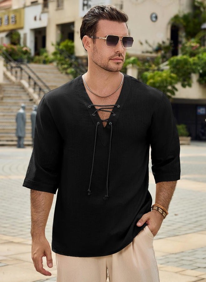 Rela Bota Men's Fashion Shirt Short Sleeve Beach V-Neck Drawstring Solid Color Yoga African Summer Top Solid Army Green 5XL, Solid Army Green, 5XL - Image 2