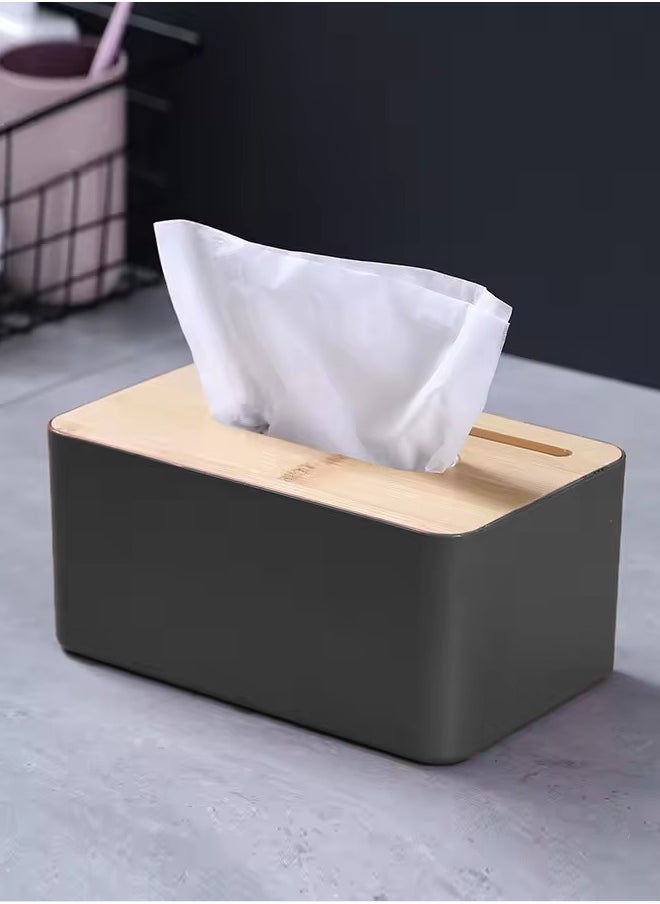 Generic Simple Rectangle Tissue Box with Wooden Bamboo Lid, Gift Tissue Box, Dryer Paper Holder Dispenser for Bathroom Dressing Table Living Room Kitchen Black Color Tissue Box Holder  - Image 4